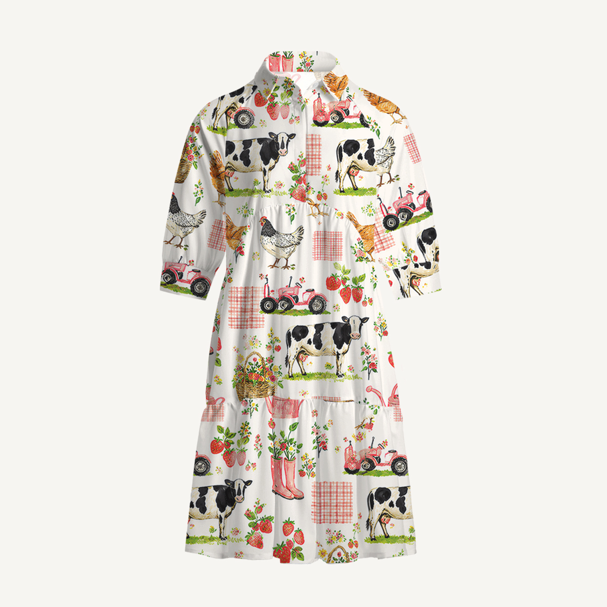 V Neck Collared Watercolor Pink Farm Cow Chicken Mini Dress For Women With Pockets