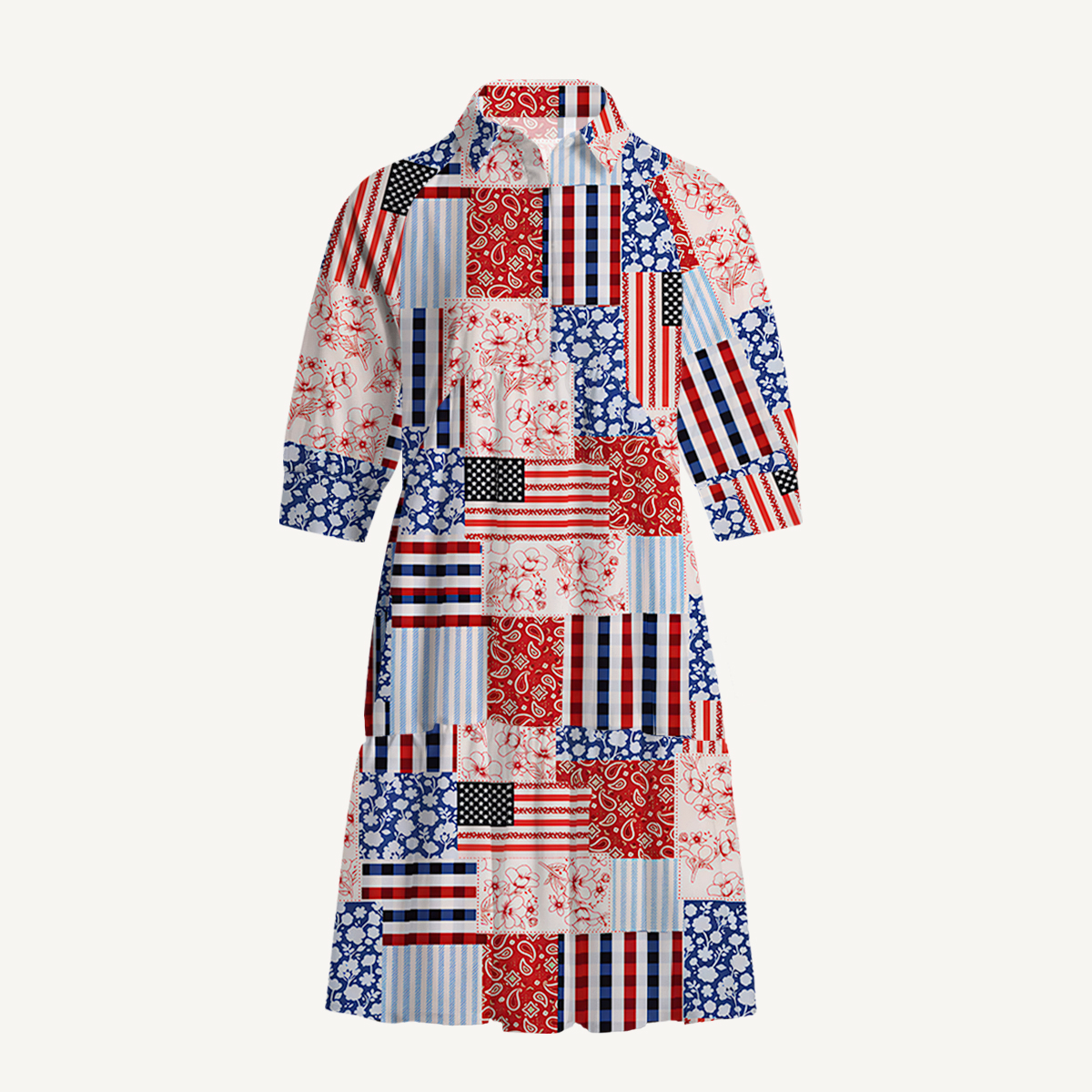 V Neck Collared Patriotic Patchwork Quilt Mini Dress For Women With Pockets