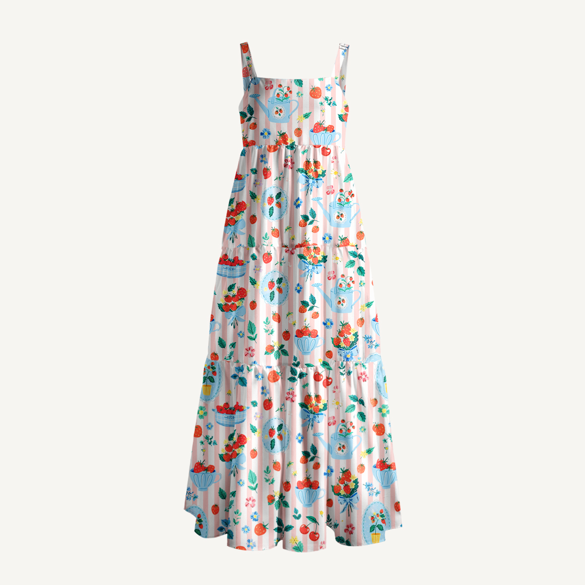 Strawberry Cup Garden Print Wide Straps Maxi Dress With Pockets