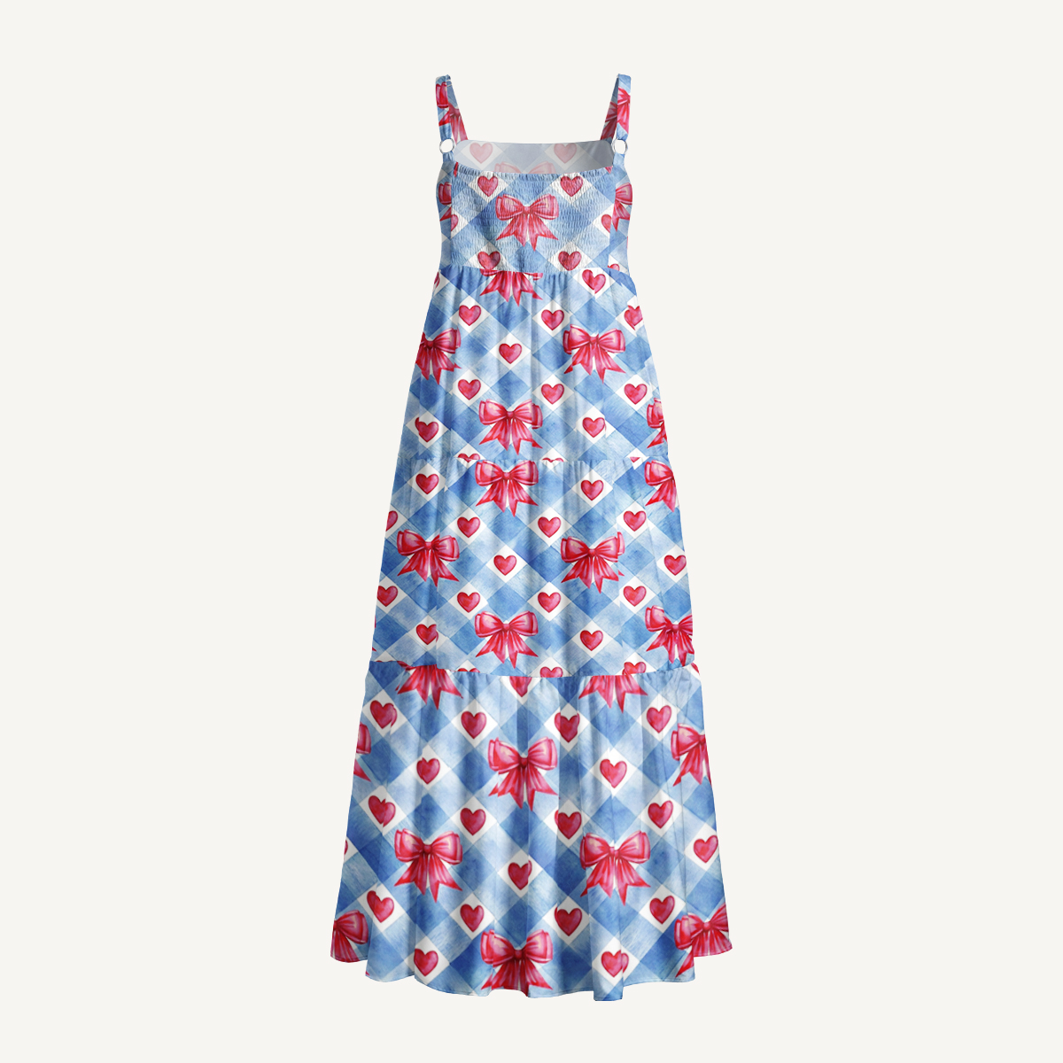 Patriotic Gingham Bows Print Quilt Wide Straps Maxi Dress With Pockets