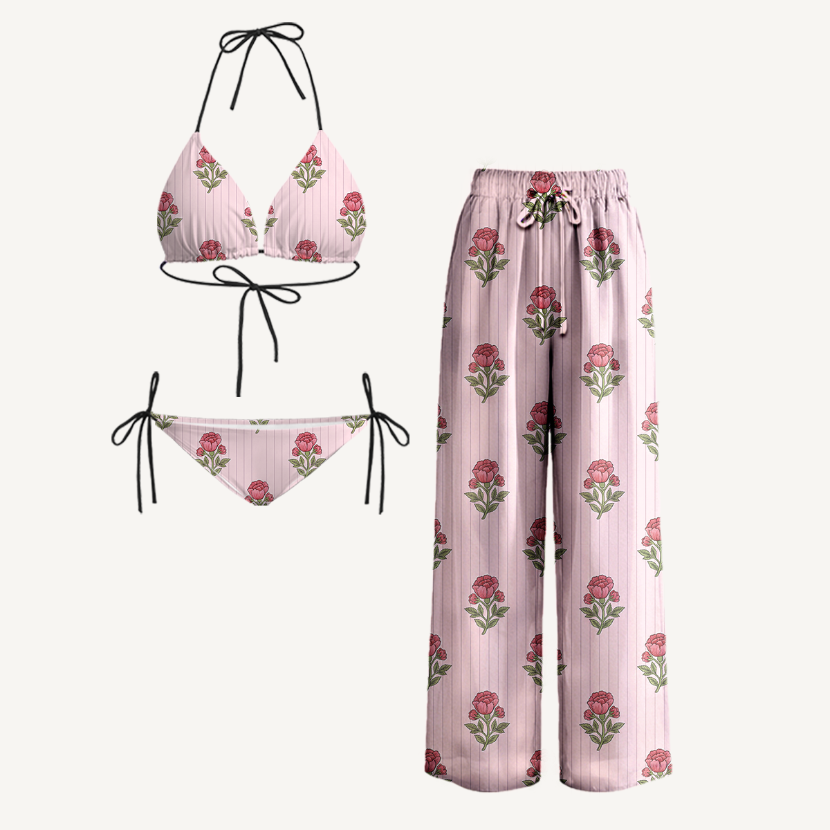 Misty Rose Garden Tie Side Bikini Set with Matching Pants