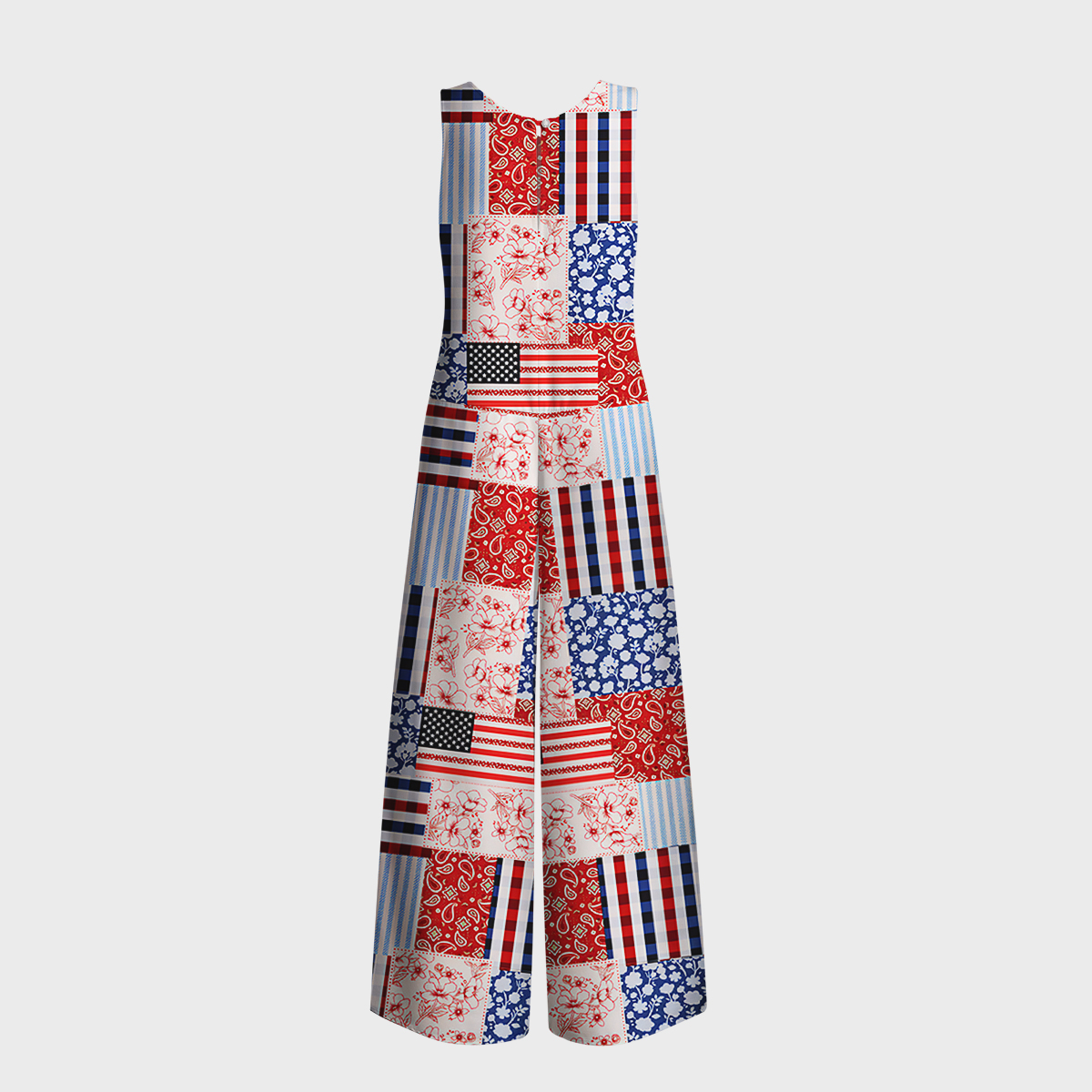 Patriotic Patchwork Quilt Print Jumpsuit with Pockets for Women