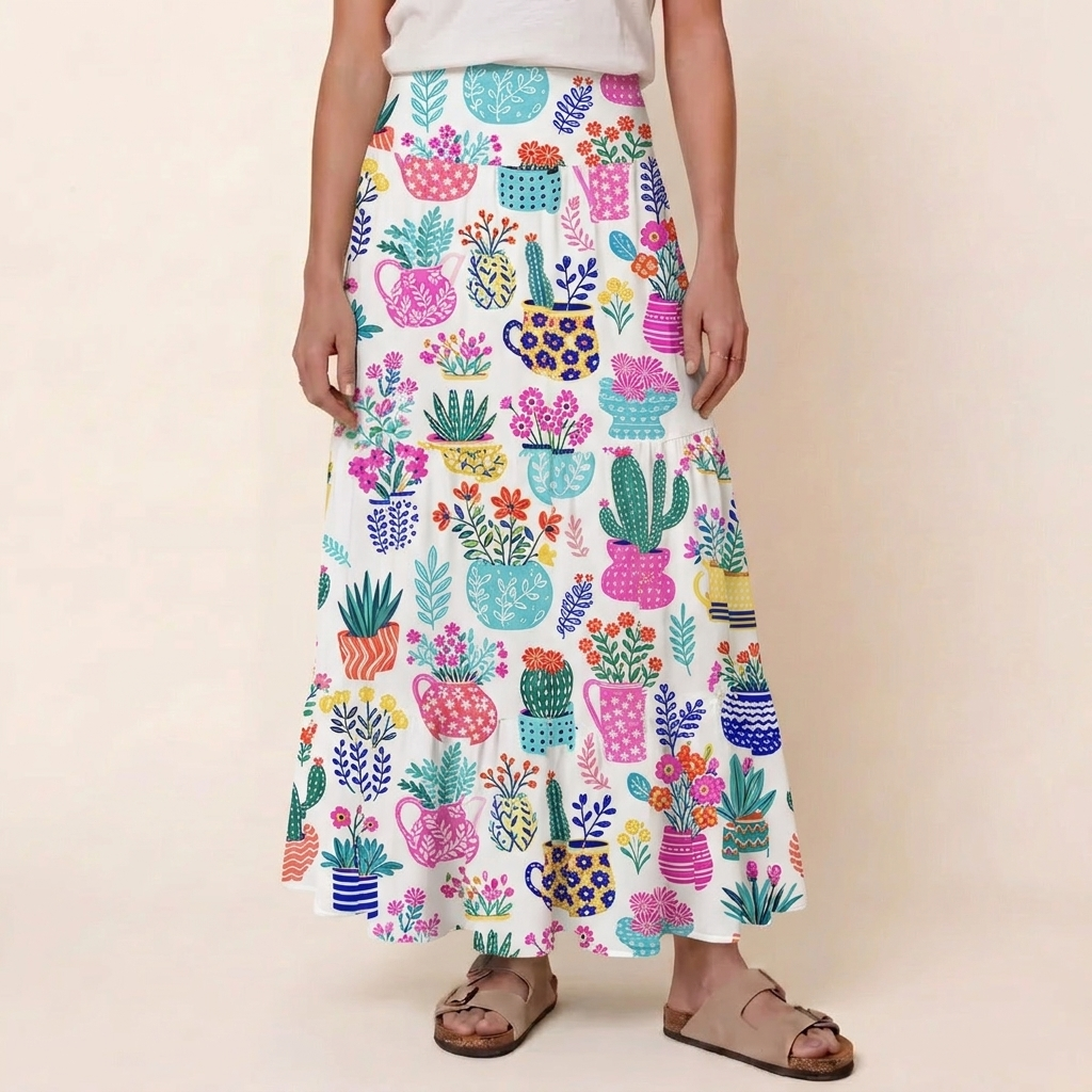 Cactus and Flowers Print Convertible Maxi Skirt & Strapless Dress