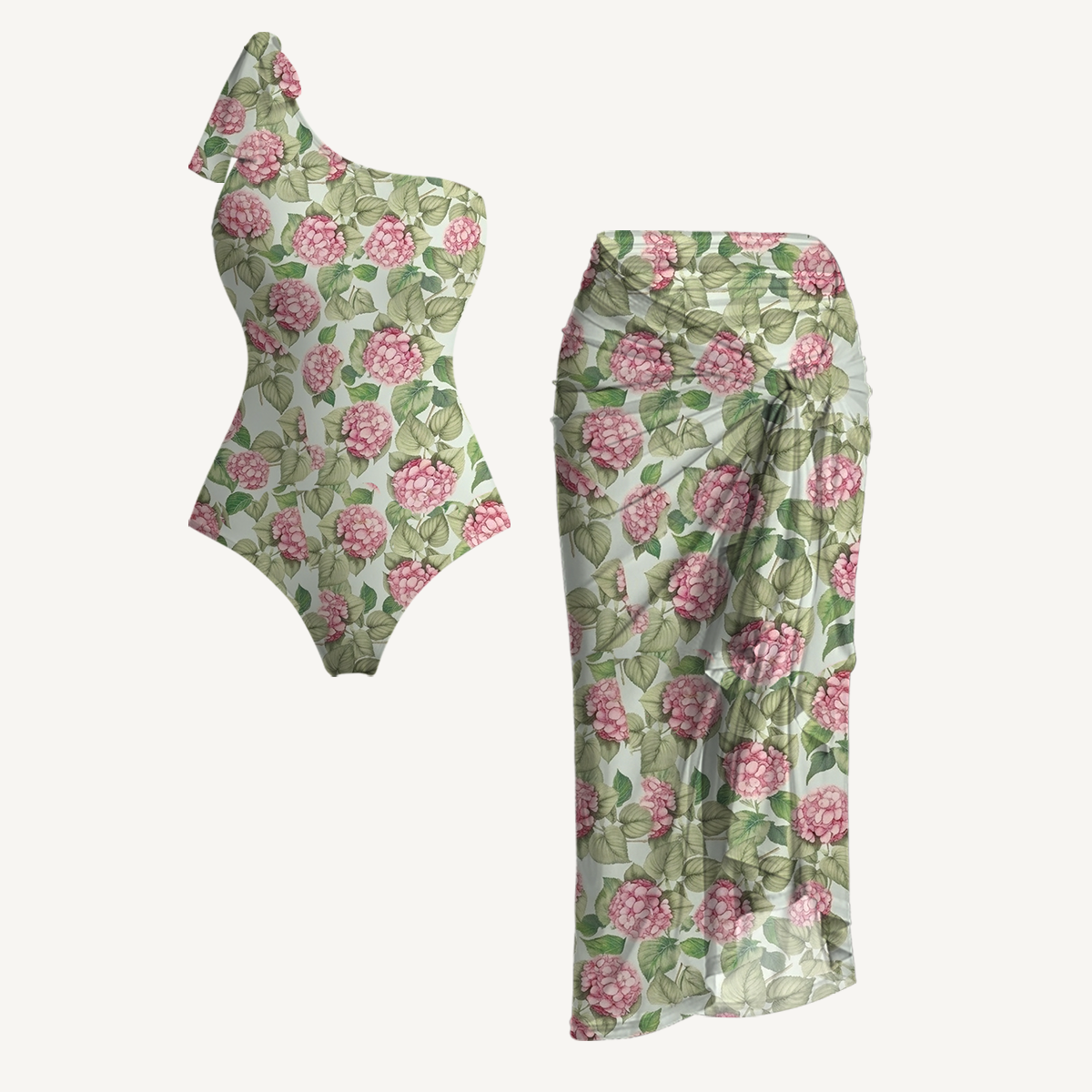 Hydrangea Whisper One Shoulder One Piece Swimsuit and Matching Sarong Set for Women