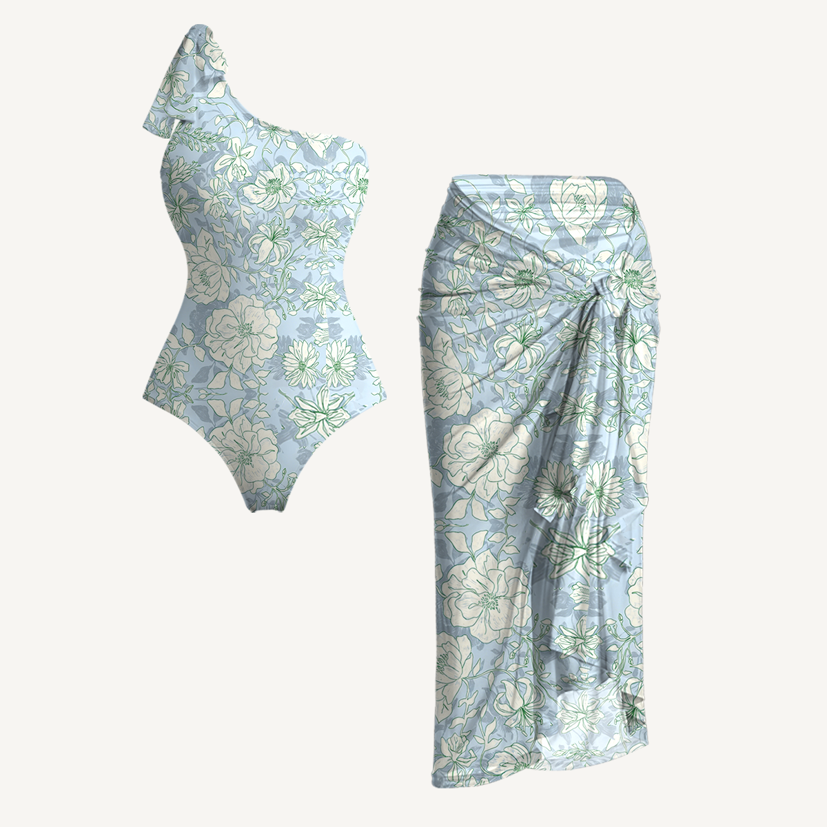 Mist Floral One Shoulder One Piece Swimsuit and Matching Sarong Set for Women