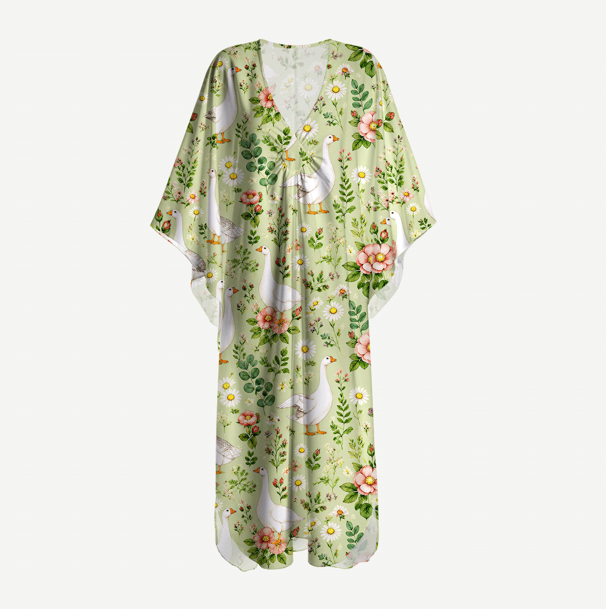 Pastoral Goose Garden Print Kimono Sleeve Kaftan Dress