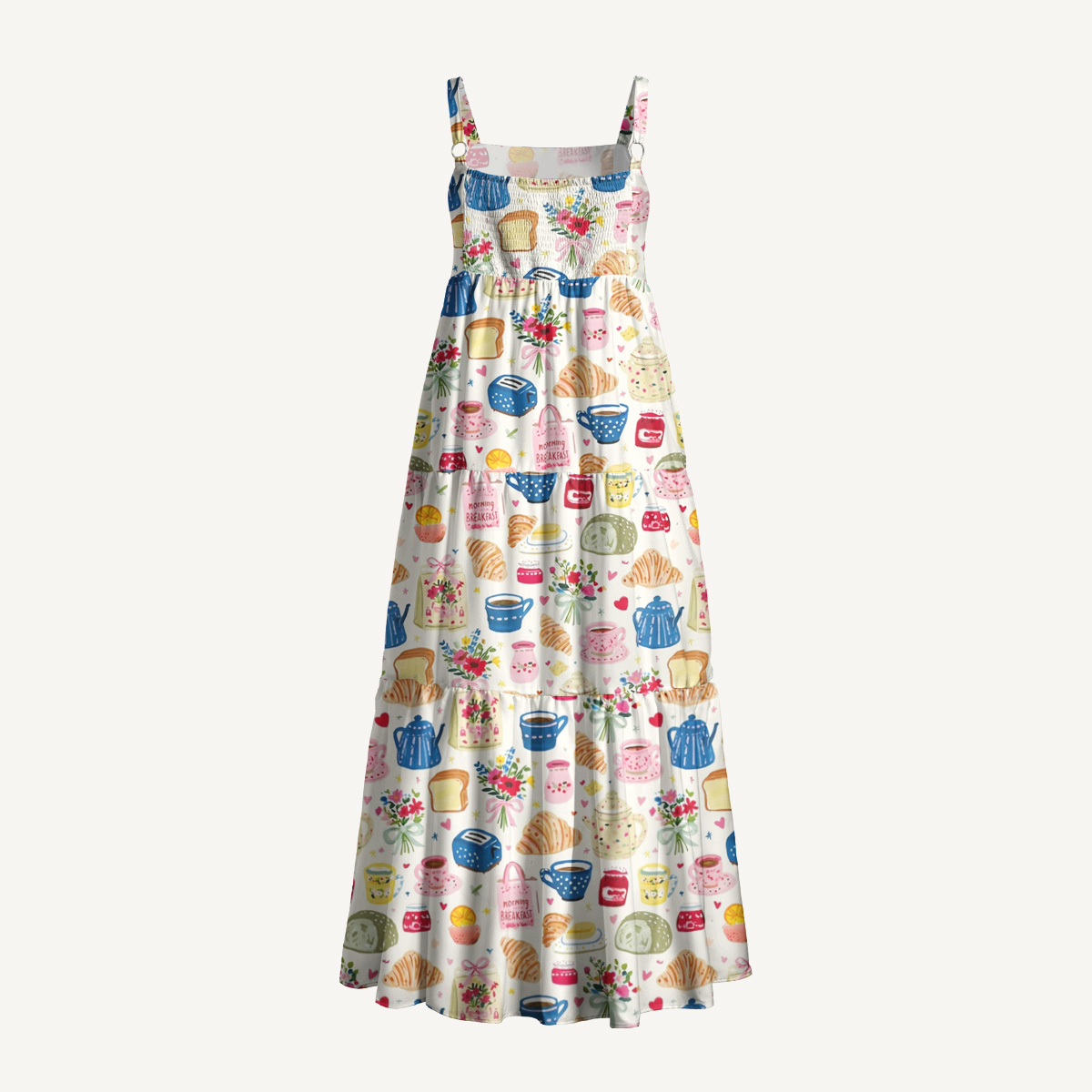 Sweet Brunch Kitchen Print Wide Straps Maxi Dress With Pockets