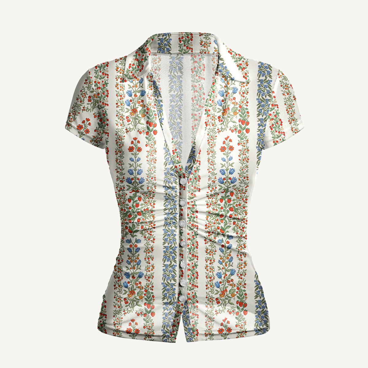 V-Neck Short Sleeve Strawberry Vine Tales Print Mesh Top