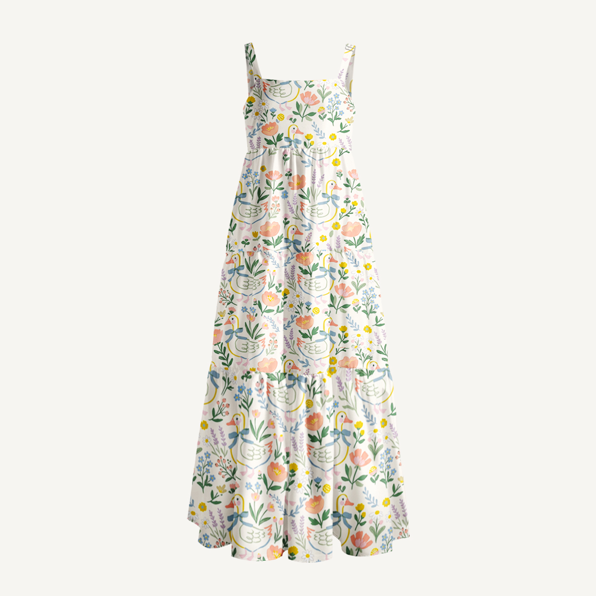 Sweet Floral Duck Wide Straps Maxi Dress With Pockets