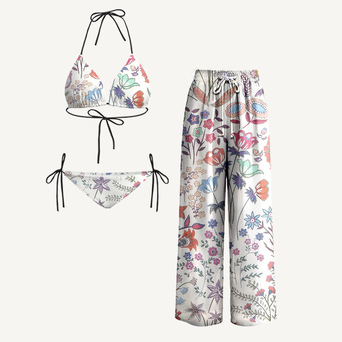 Bohemian Wildflower Garden Tie Side Bikini Set with Matching Pants