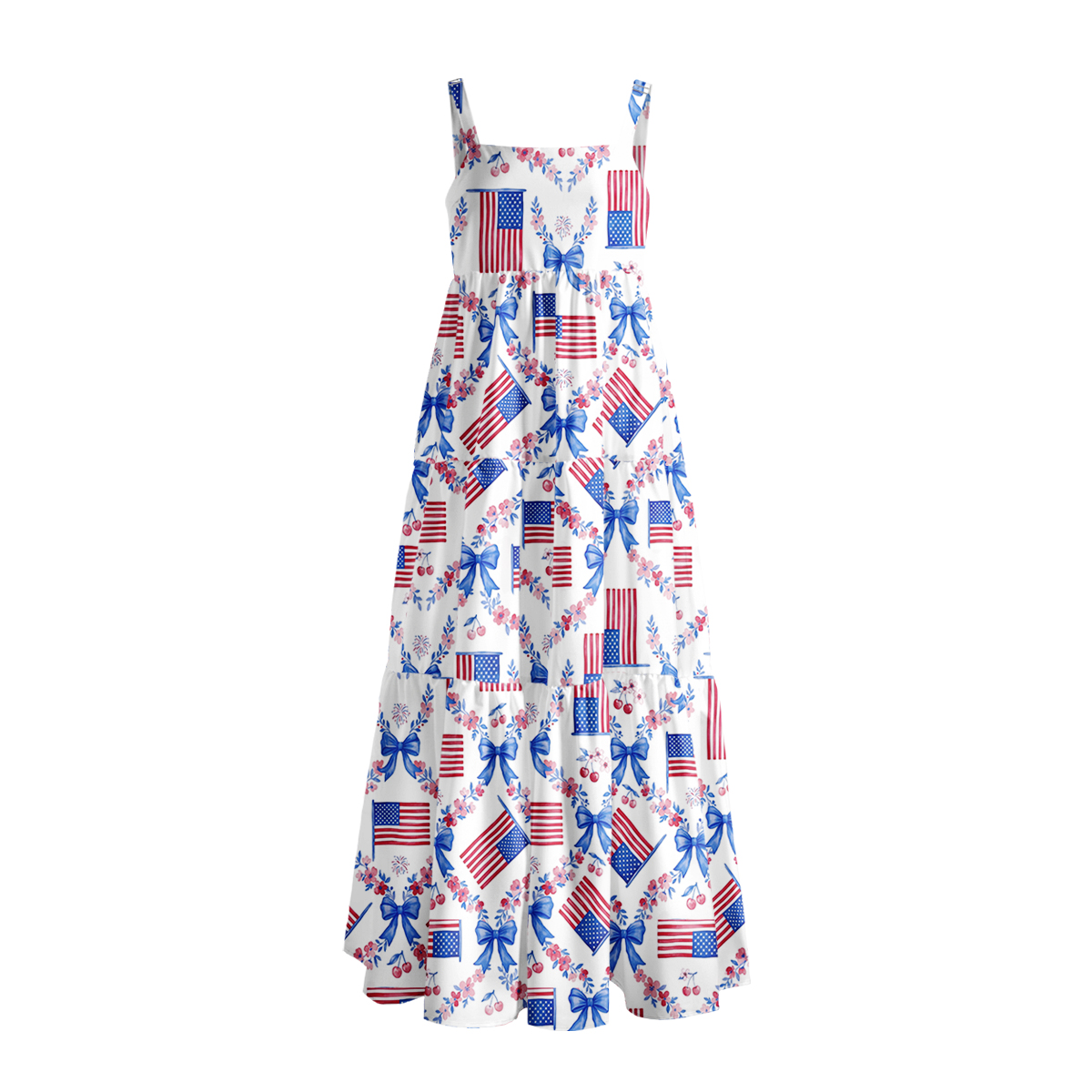 Patriotic Floral Print Wide Straps Maxi Dress With Pockets