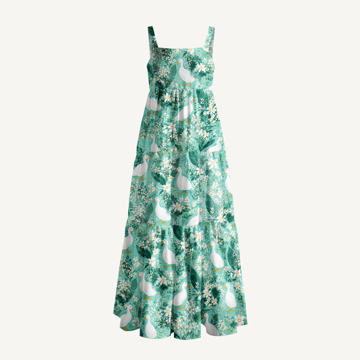 Farmhouse Ducks Print Wide Straps Maxi Dress With Pockets