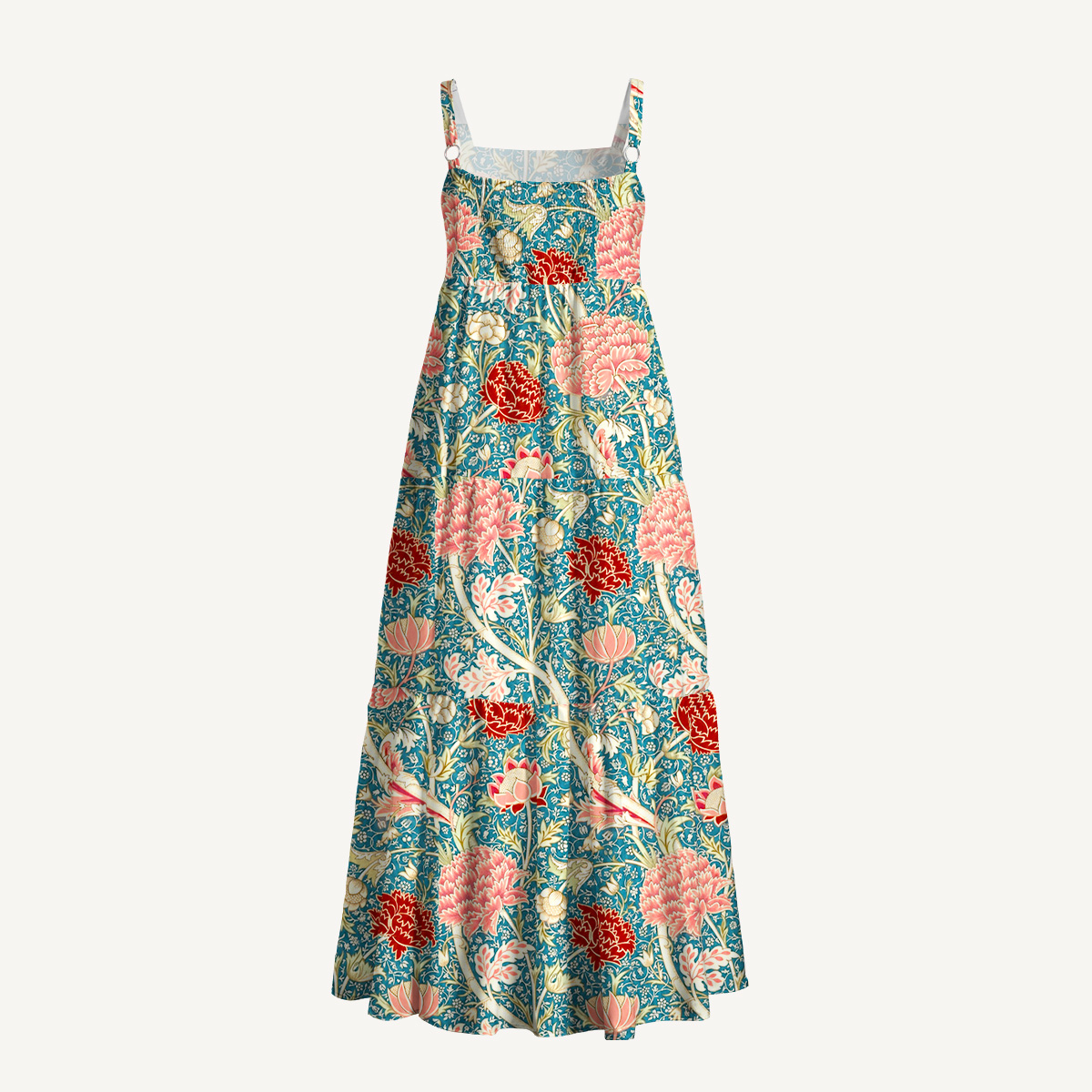 Vintage Peony Lotus Floral Print Wide Straps Maxi Dress With Pockets