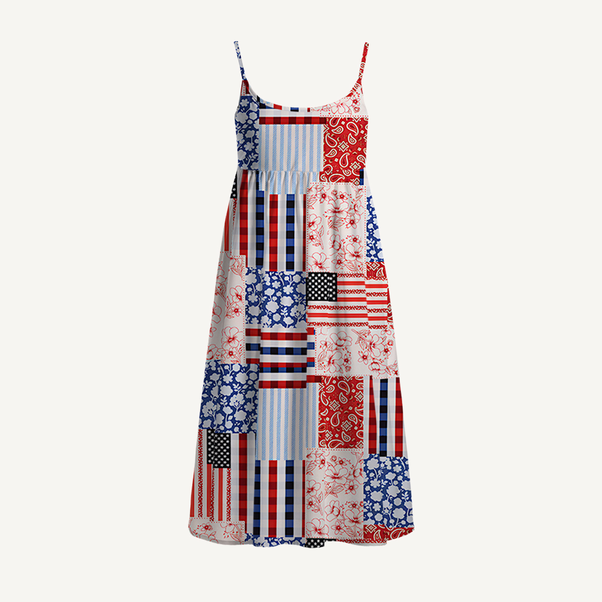 Patriotic Patchwork Quilt Print Spaghetti Strap Mini Dress