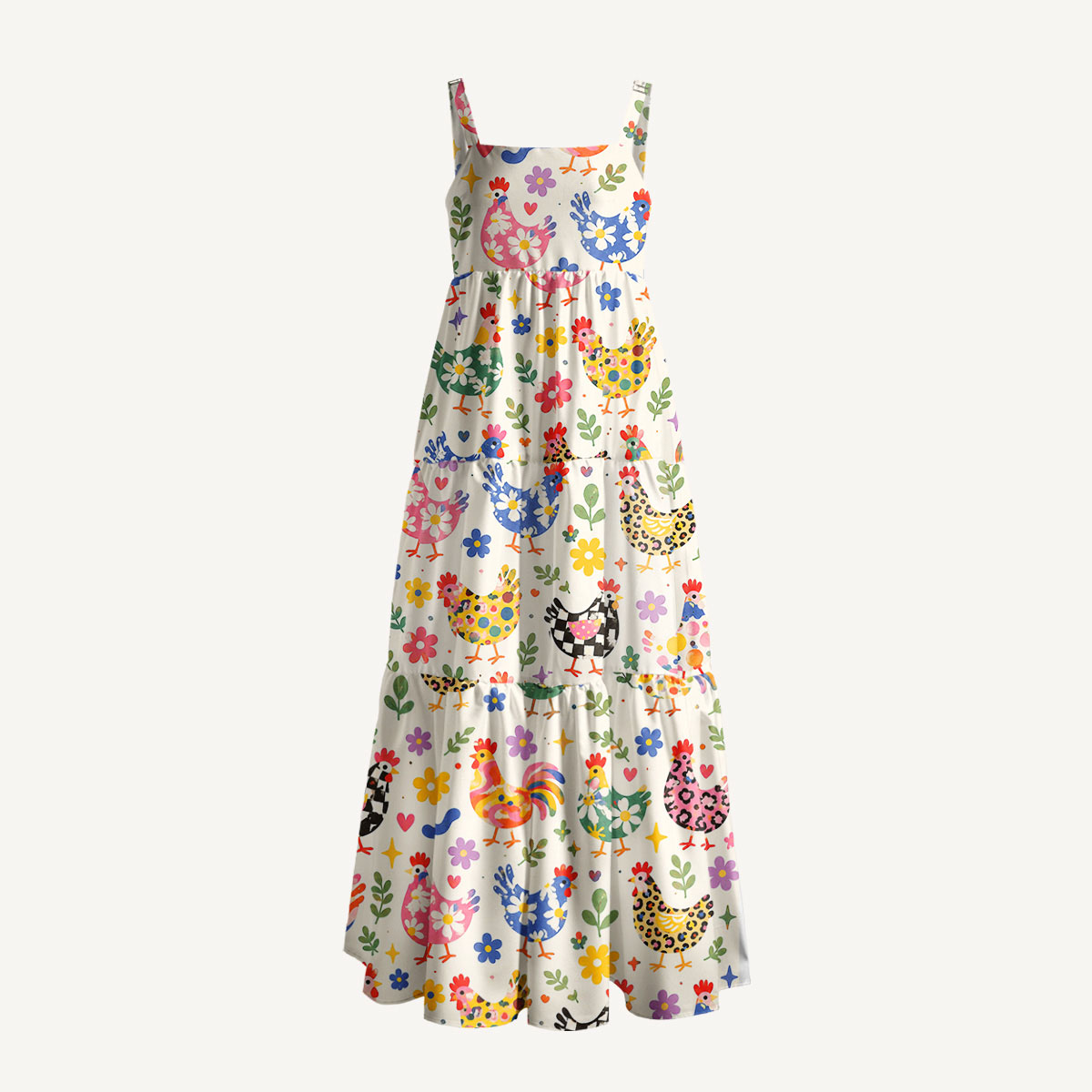 Funky Retro Chicken Print Wide Straps Maxi Dress With Pockets