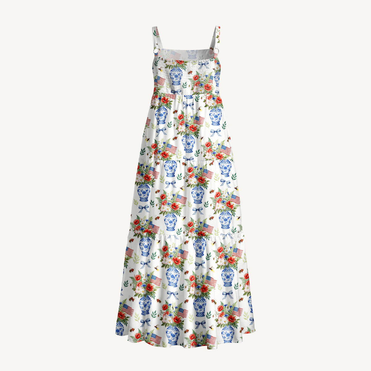 Patriotic Floral Vases Print Wide Straps Maxi Dress With Pockets