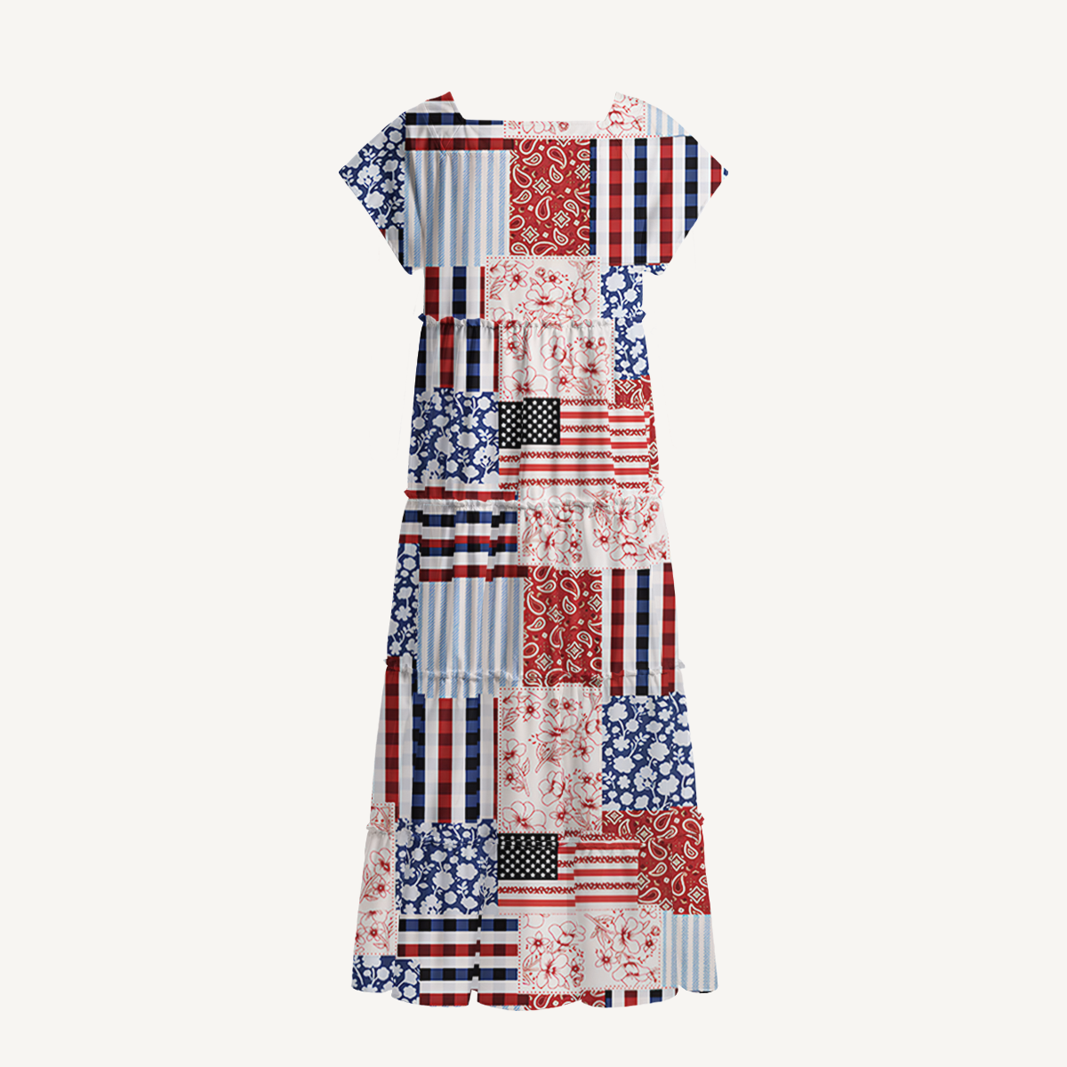 Patriotic Patchwork Quilt Square Neckline Cap Sleeve Maxi Dress