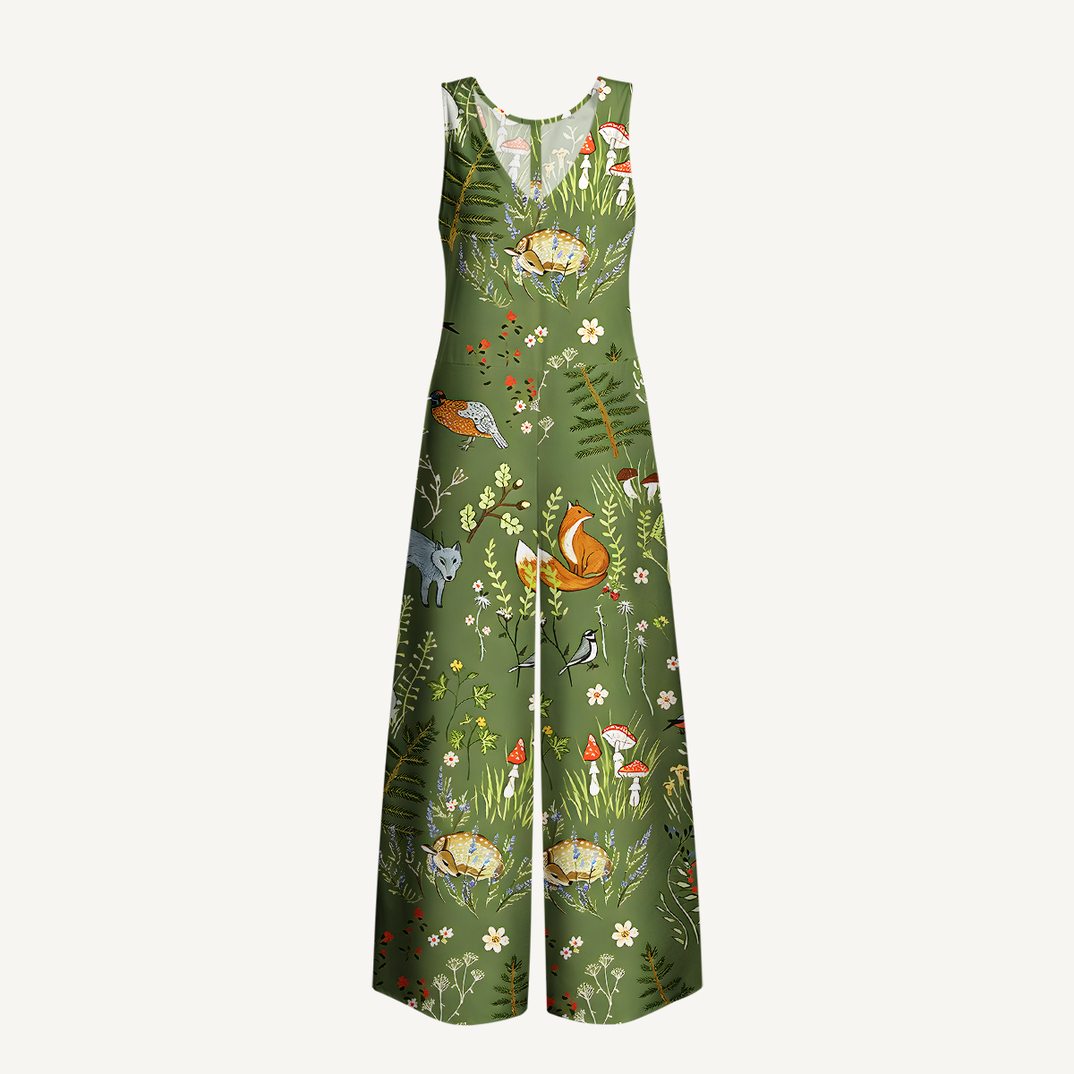 Whimsical Woodland Animals Print Boho Jumpsuit with Pockets for Women