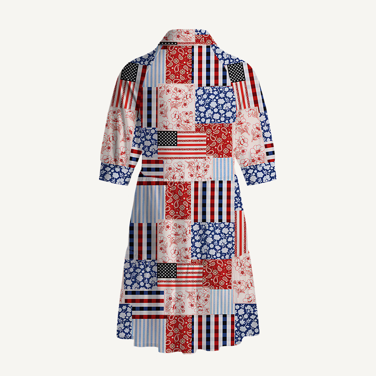 V Neck Collared Patriotic Patchwork Quilt Mini Dress For Women With Pockets