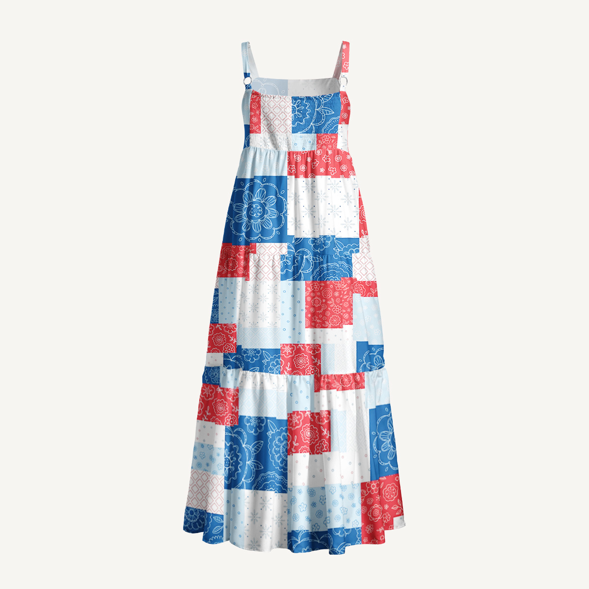 Patriotic Patchwork Print Wide Straps Maxi Dress With Pockets