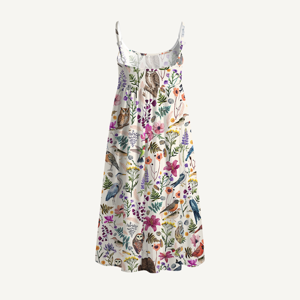 Whimsical Woodland Birds Wildflowers Print Spaghetti Strap Mini Dress