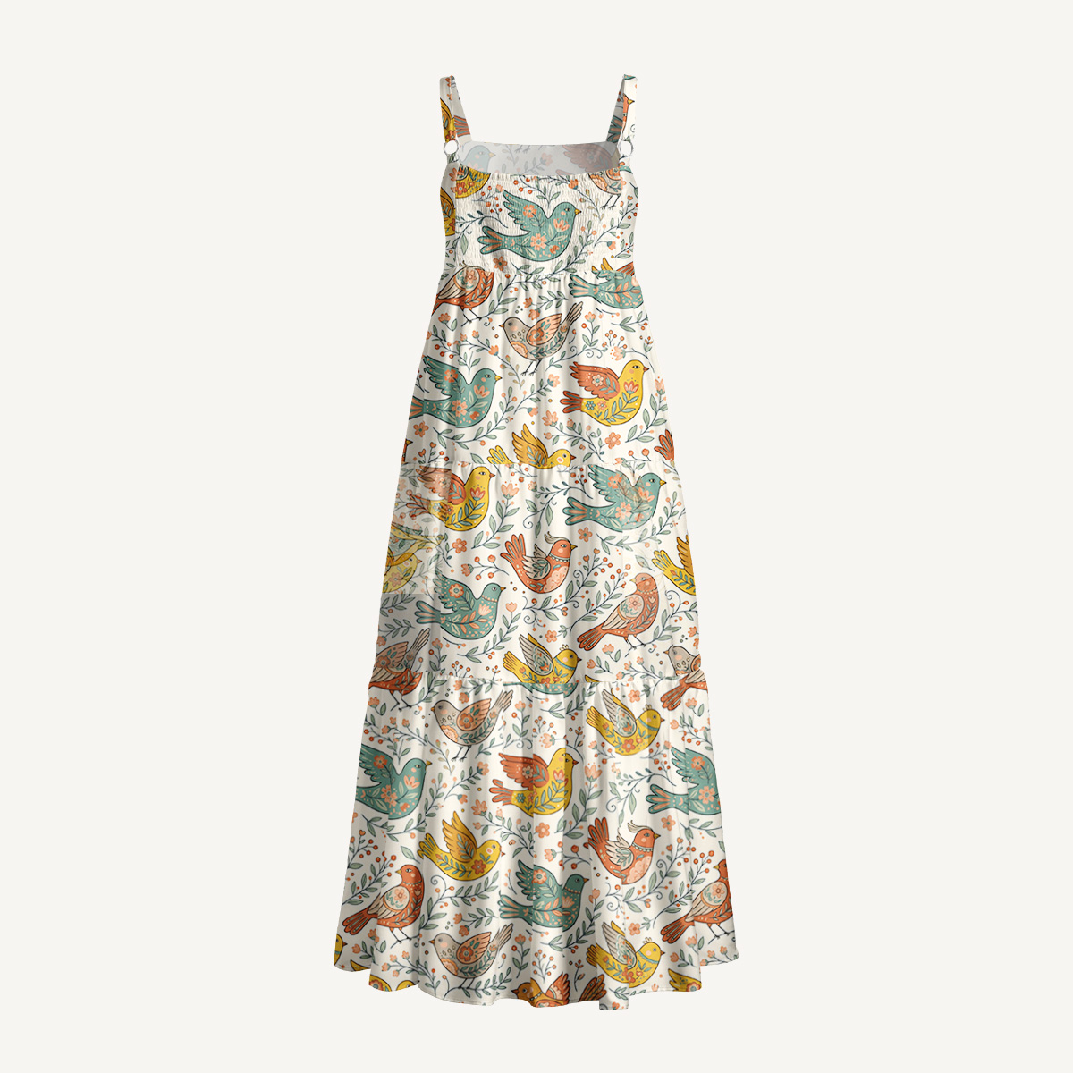 Colorful Flower Birds Print Wide Straps Maxi Dress With Pockets