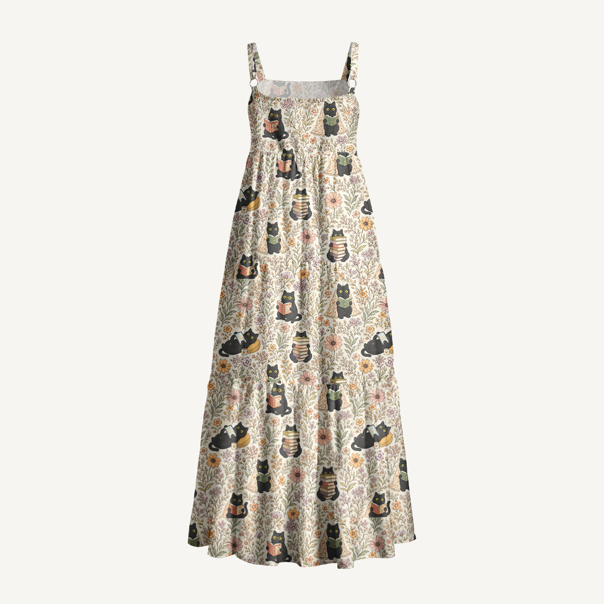 Books Blooms and Black Cats Print Wide Straps Maxi Dress With Pockets