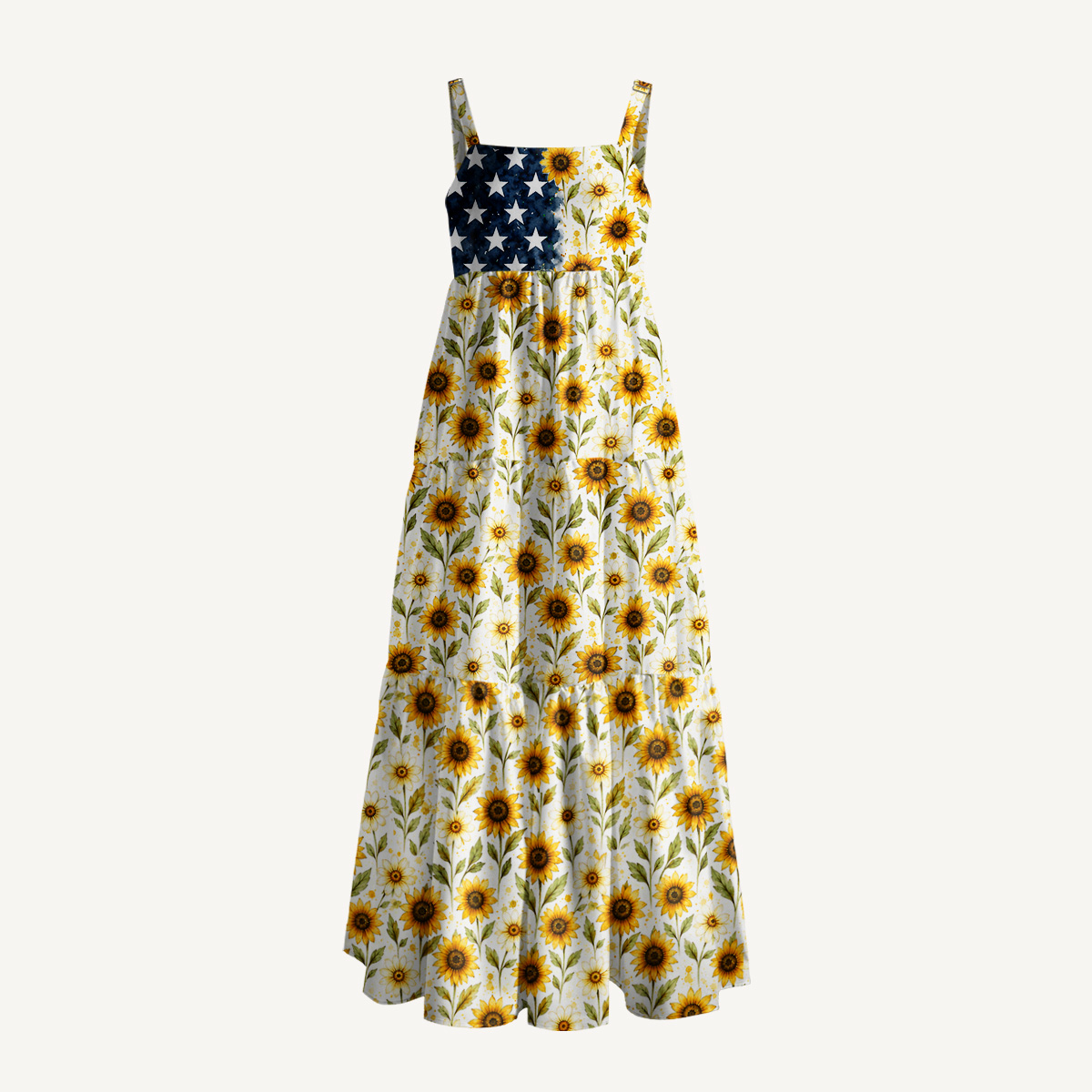 Sunflower American Flag Print Wide Straps Maxi Dress With Pockets
