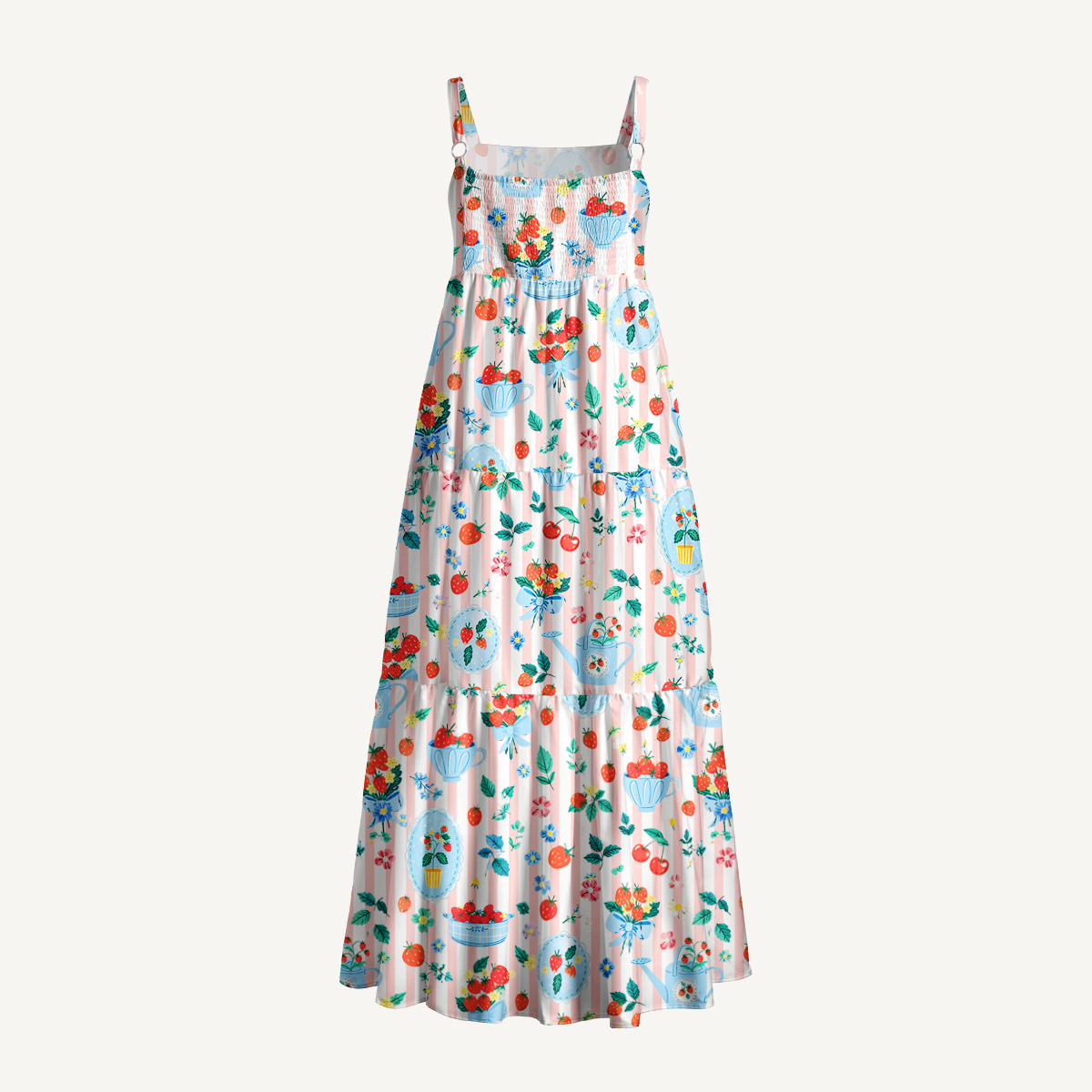 Strawberry Cup Garden Print Wide Straps Maxi Dress With Pockets