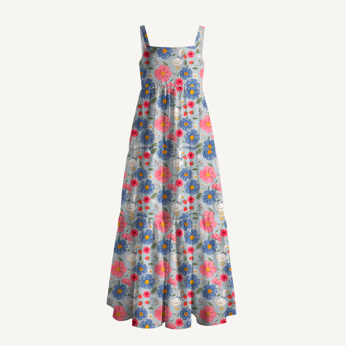 Cottagecore Duck and Wildflower Print Wide Straps Maxi Dress With Pockets
