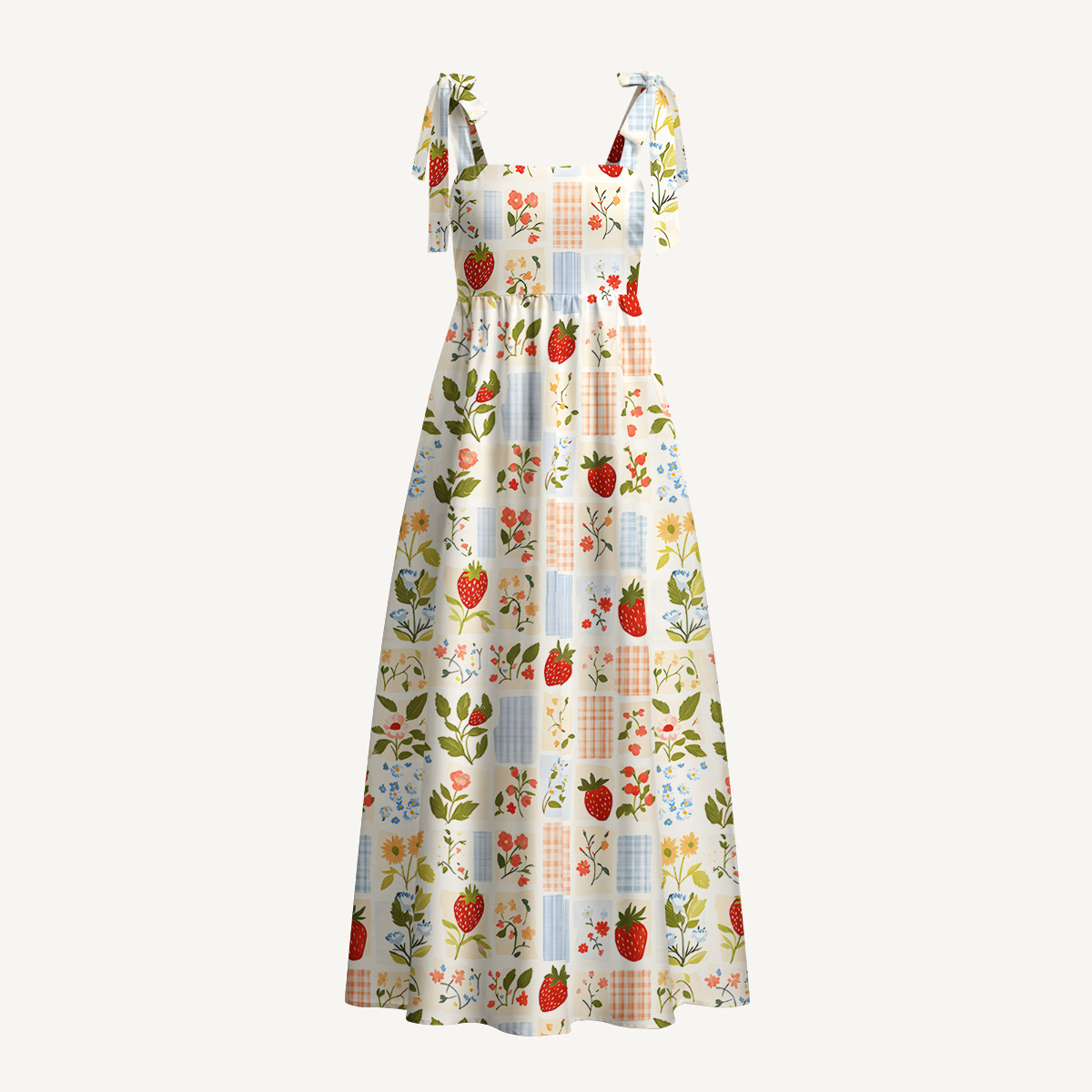 Strawberry Garden Patchwork Print Bow Strap Maxi Dress