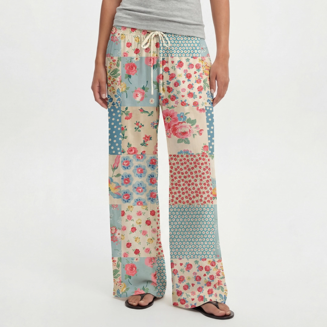 Boho Pastel Patc Wide Leg Tie Waist Pants With Pockets