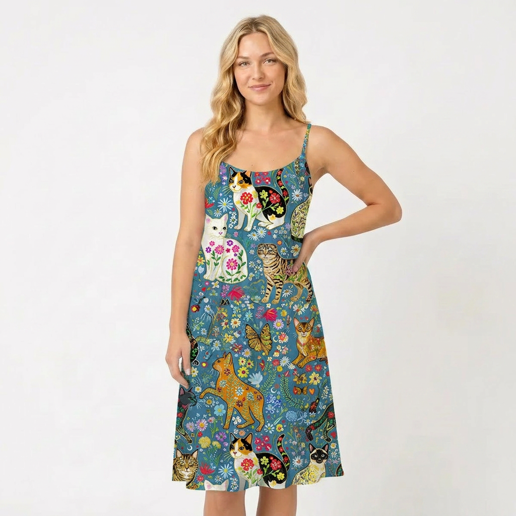 Colorful Garden Cat Spaghetti Strap Mini Dress