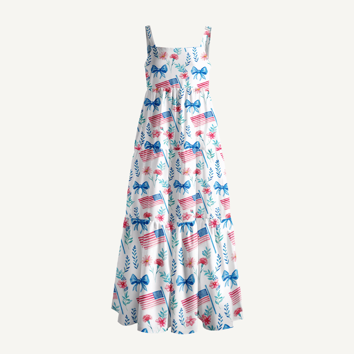 Pastel USA Flag Print Wide Straps Maxi Dress With Pockets