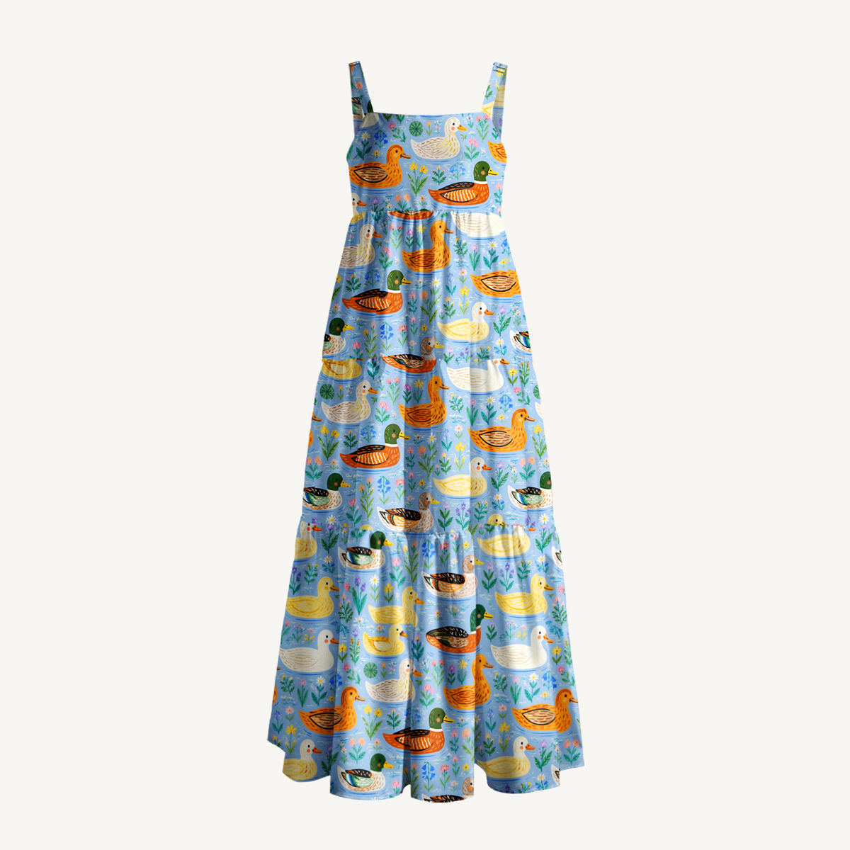 Colourful Duck Flower Print Wide Straps Maxi Dress With Pockets