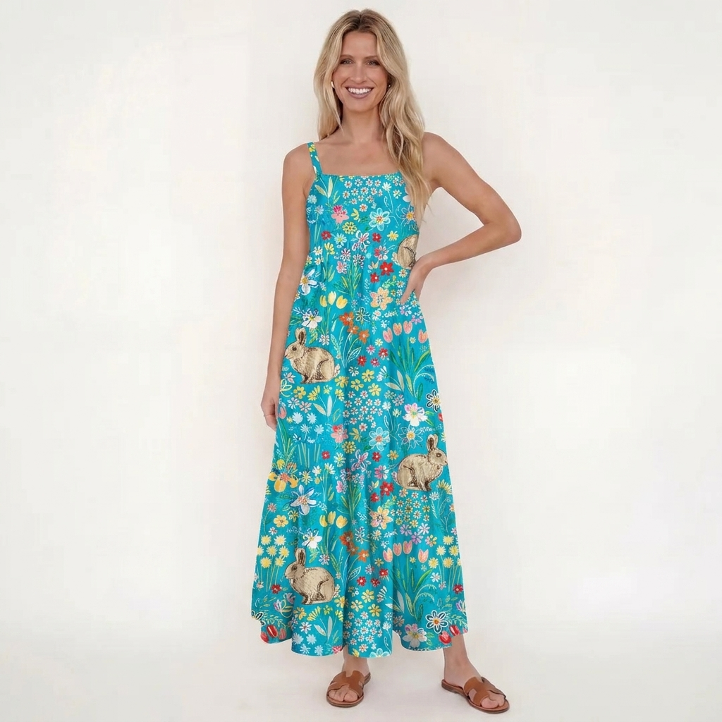 Blue Garden Rabbit Print Wide Straps Maxi Dress With Pockets