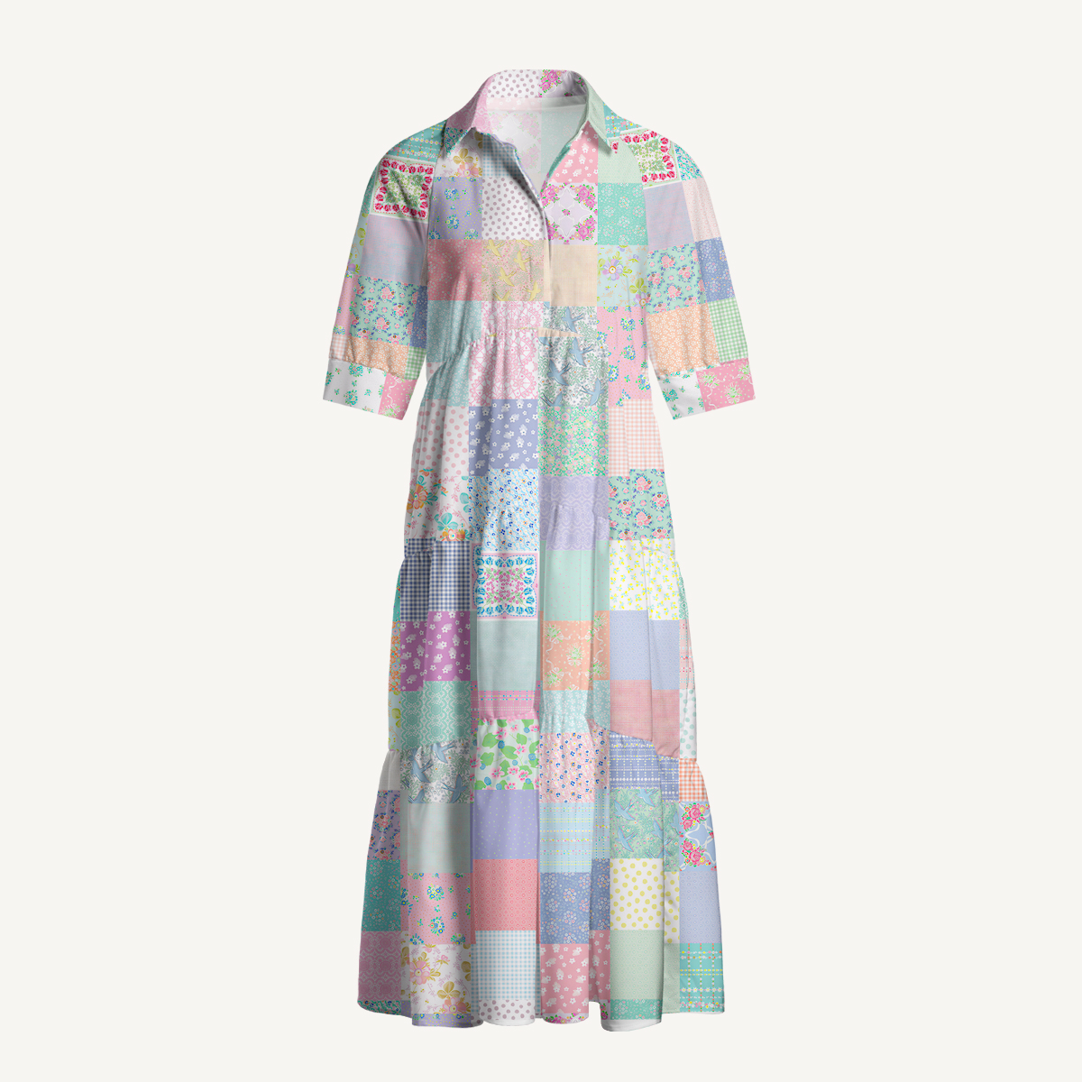 Vintage Quilt Patchwork Midi Dress For Women With Pockets