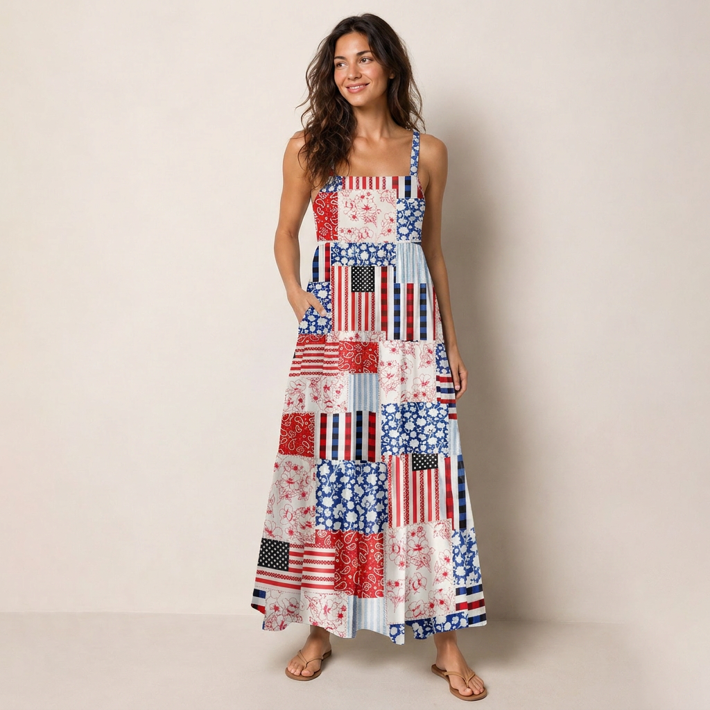 Patriotic Patchwork Quilt Wide Straps Maxi Dress With Pockets