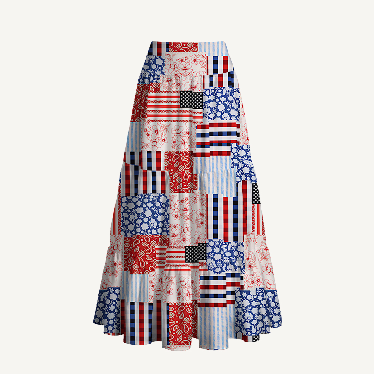 Patriotic Patchwork Quilt Print Convertible Maxi Skirt & Strapless Dress