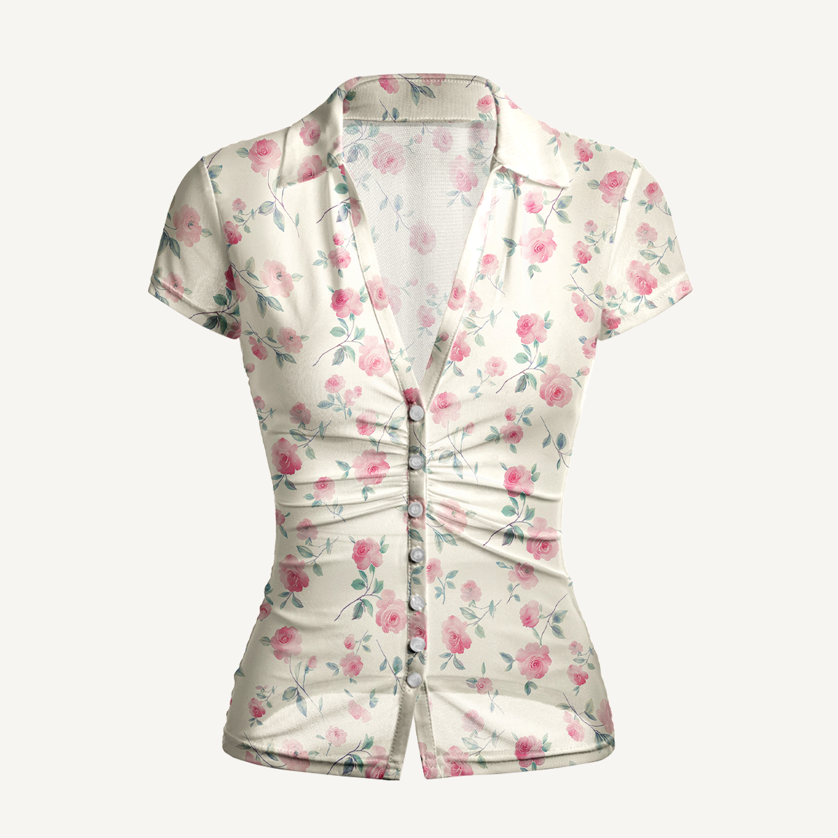 V-Neck Short Sleeve Blush Rose Print Mesh Top