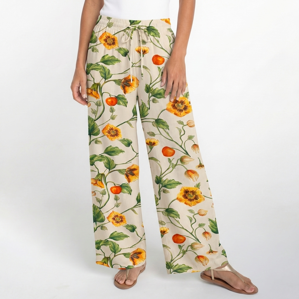 Boho Golden Field Wide Leg Tie Waist Pants With Pockets