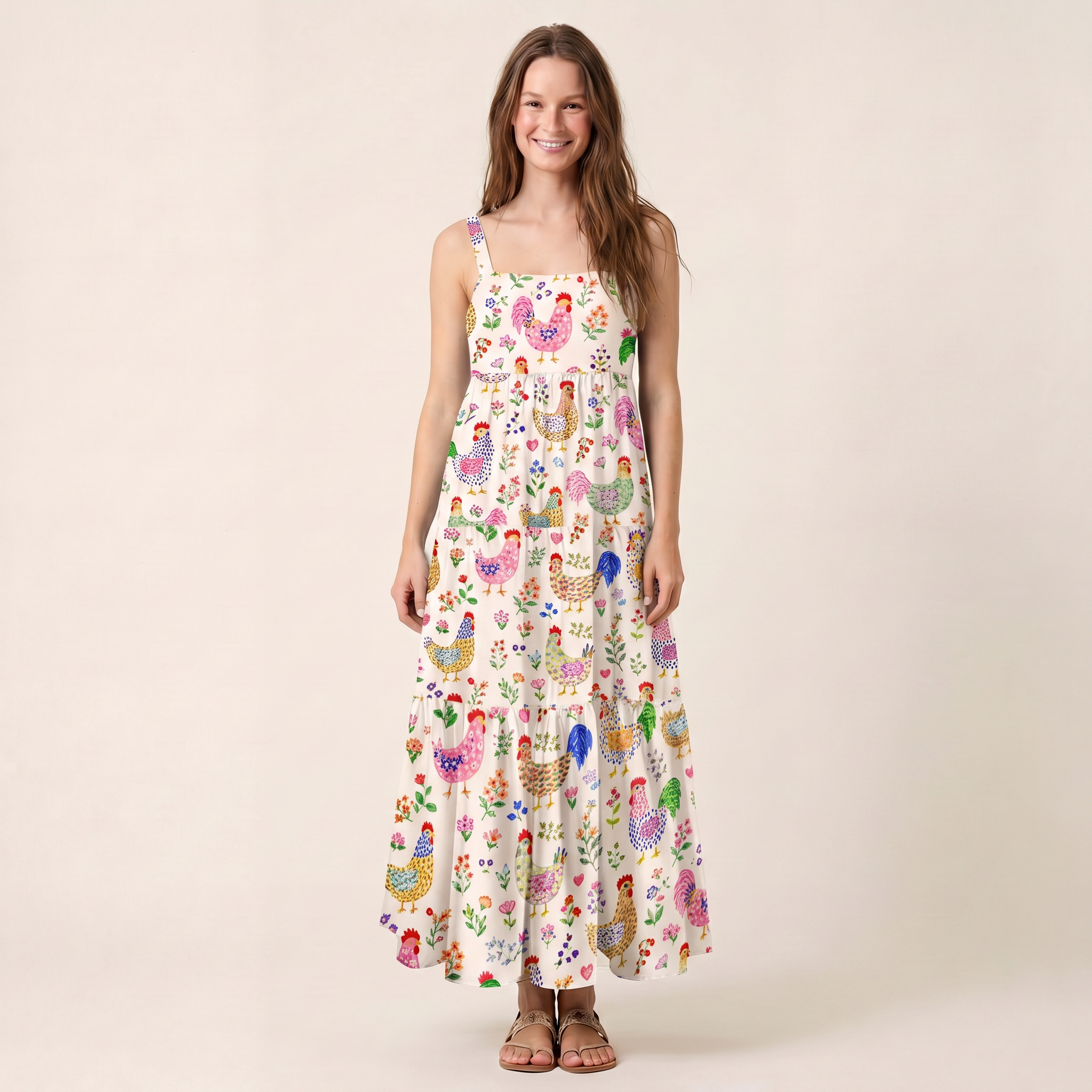 Colorful Farm Chickens Print Wide Straps Maxi Dress With Pockets