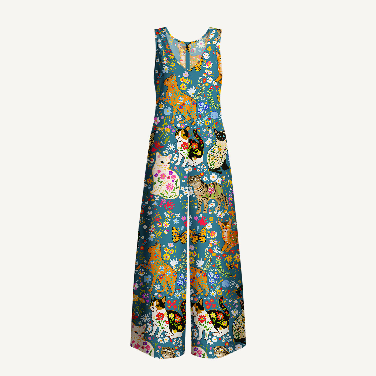 Colorful Garden Cat Pattern Boho Jumpsuit with Pockets for Women