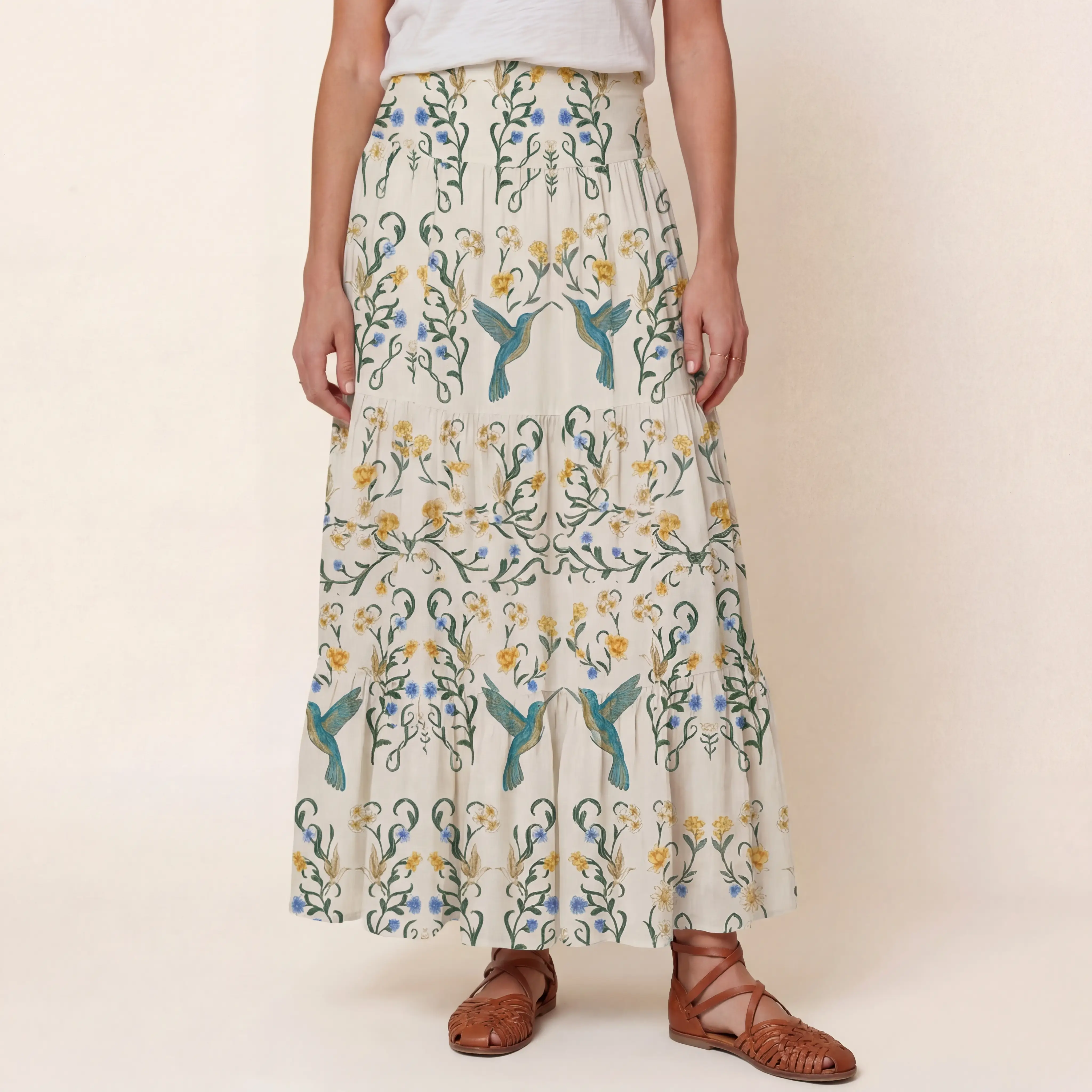 Whispering Hummingbird Print Convertible Maxi Skirt & Strapless Dress