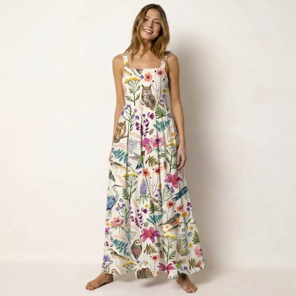 Whimsical Woodland Birds Wildflowers Print Wide Straps Maxi Dress With Pockets