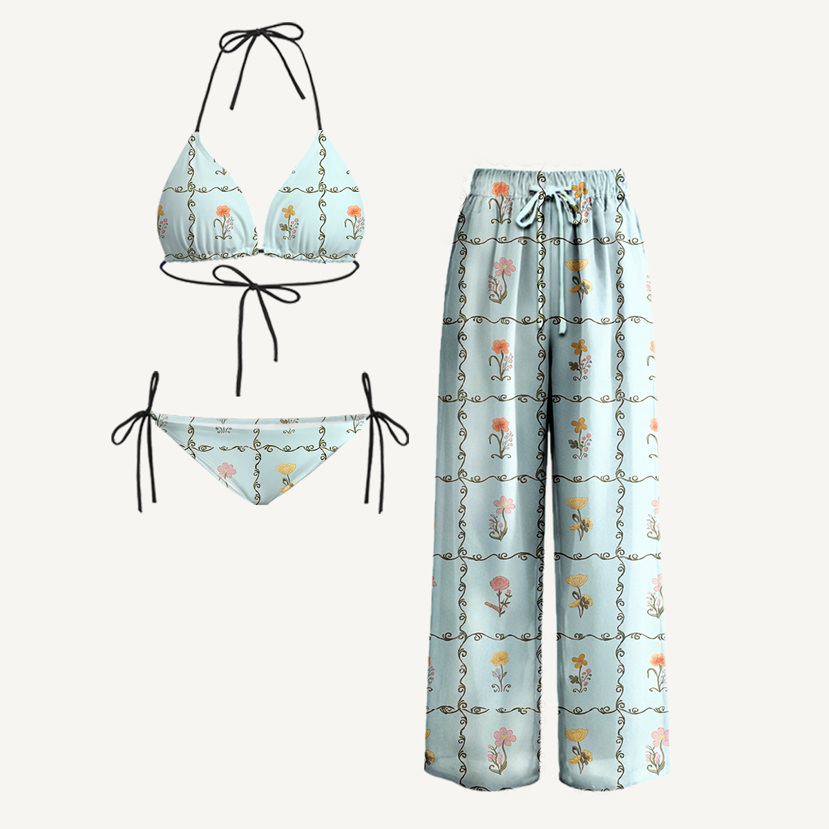 Sunny Garden Tiles Tie Side Bikini Set with Matching Pants