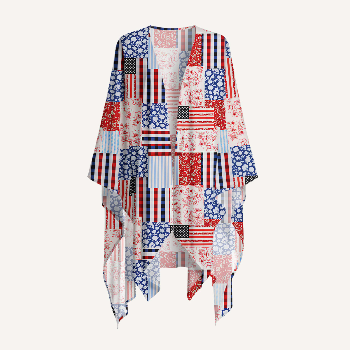 Patriotic Patchwork Quilt Print Kimono Shawl Wrap