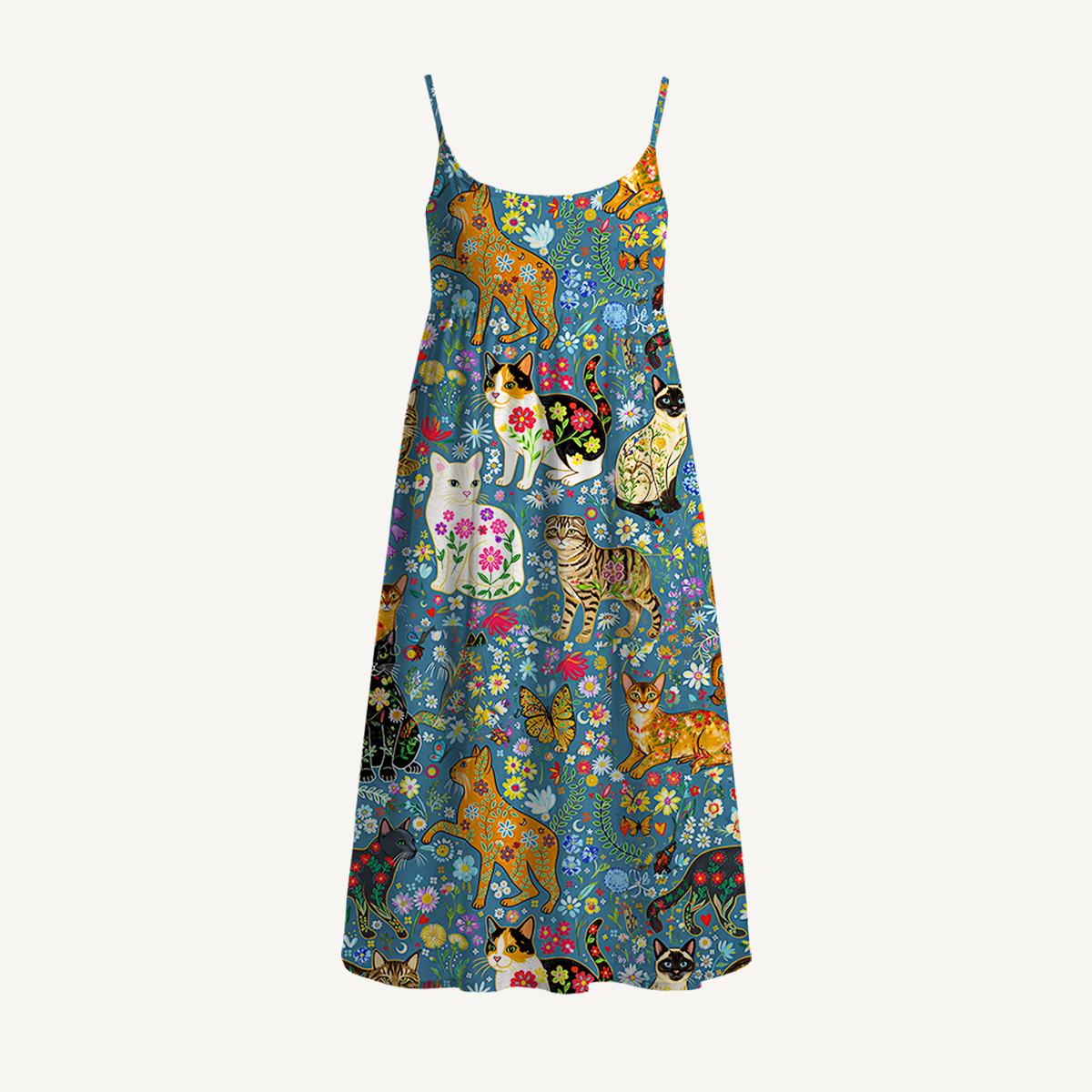 Colorful Garden Cat Spaghetti Strap Mini Dress