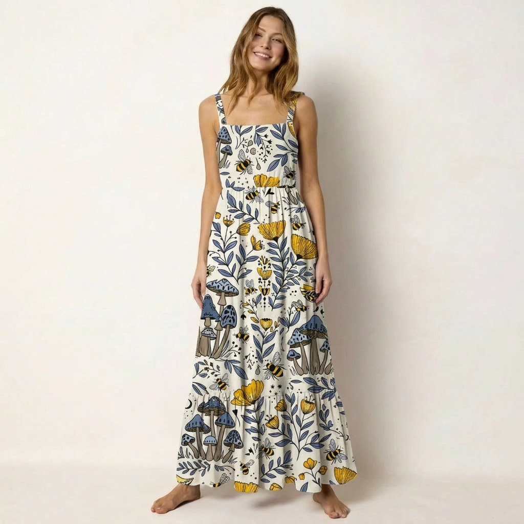 Bee Whisper Forest Printed Wide Straps Maxi Dress With Pockets