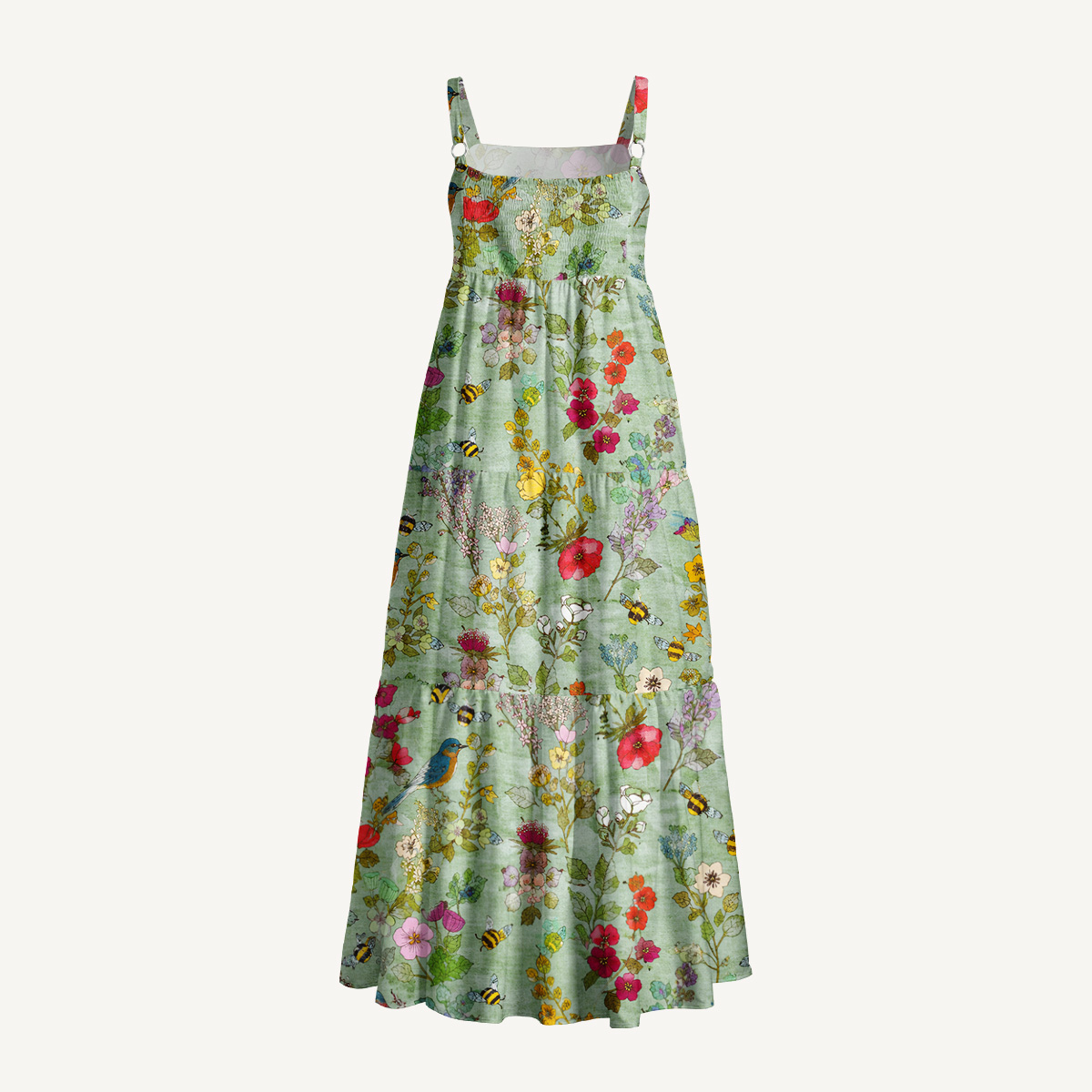 Hummingbirds and Bees Print Wide Straps Maxi Dress With Pockets